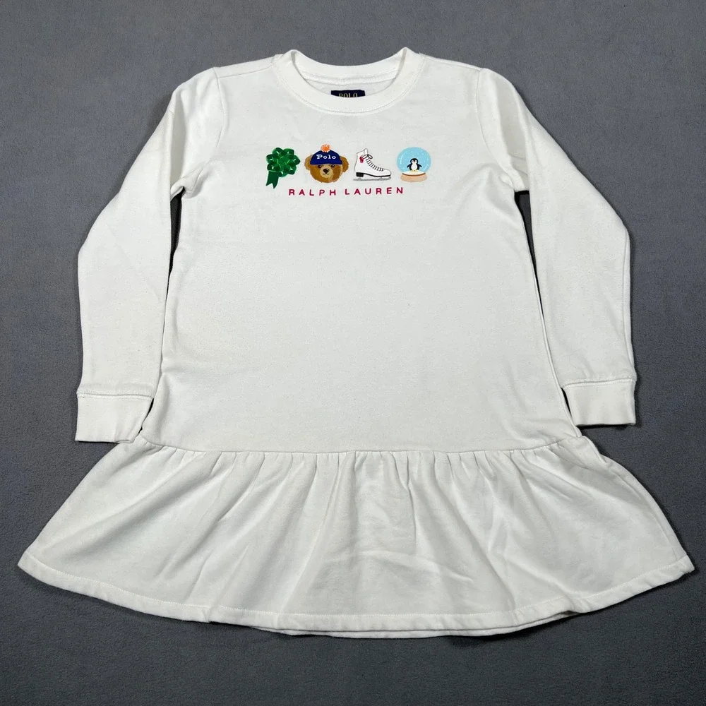 Polo Ralph Lauren Girls Dress White M 8-10 Long Sleeve Bear Ice Skate‎ Penguin
